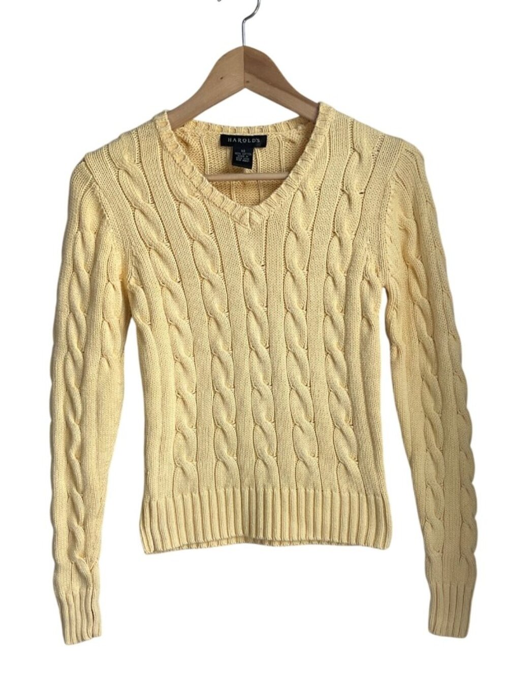 VTG Harold's Womens XS Yellow Cable Knit V-Neck Sweater Cotton Preppy
